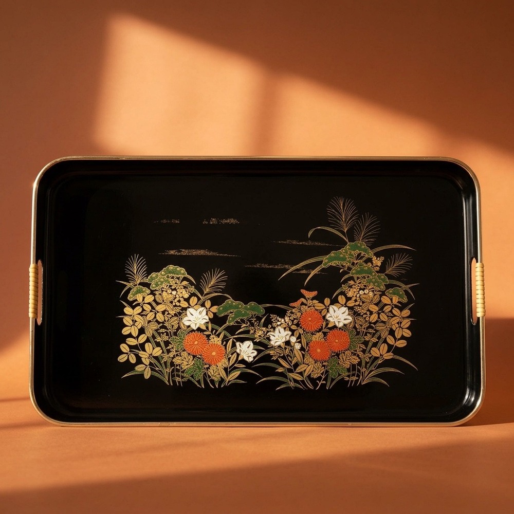 Vintage Toyo Japanese Black Lacquer Serving Tray, Chinoiserie Floral